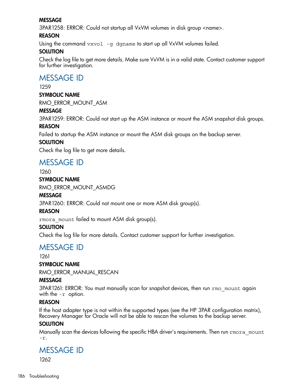 Message id | HP 3PAR Application Software Suite for Oracle Licenses User Manual | Page 186 / 199