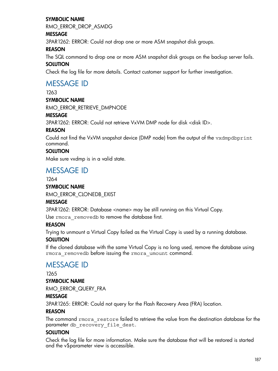 Message id | HP 3PAR Application Software Suite for Oracle Licenses User Manual | Page 187 / 199