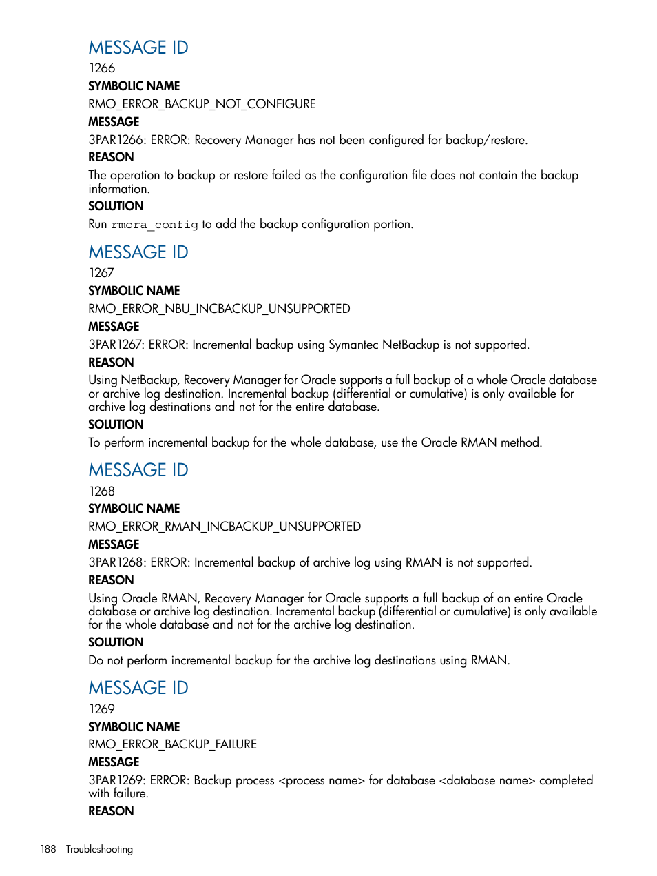 Message id | HP 3PAR Application Software Suite for Oracle Licenses User Manual | Page 188 / 199