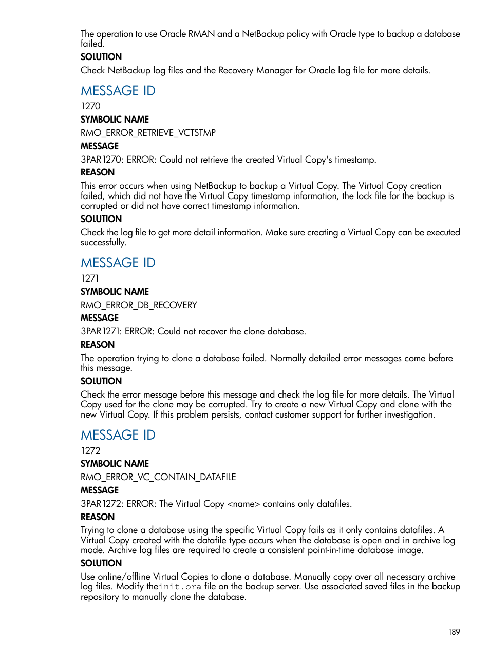 Message id | HP 3PAR Application Software Suite for Oracle Licenses User Manual | Page 189 / 199