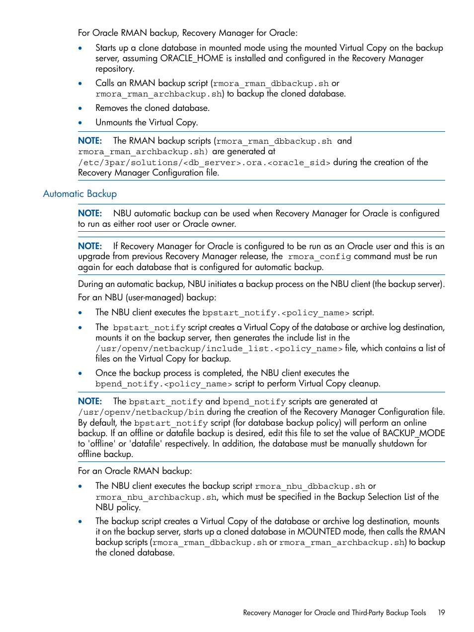 Automatic backup | HP 3PAR Application Software Suite for Oracle Licenses User Manual | Page 19 / 199