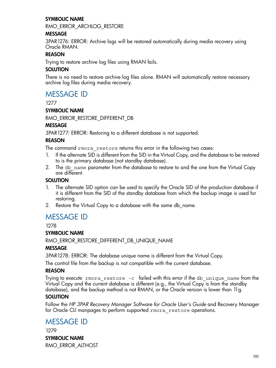 Message id | HP 3PAR Application Software Suite for Oracle Licenses User Manual | Page 191 / 199