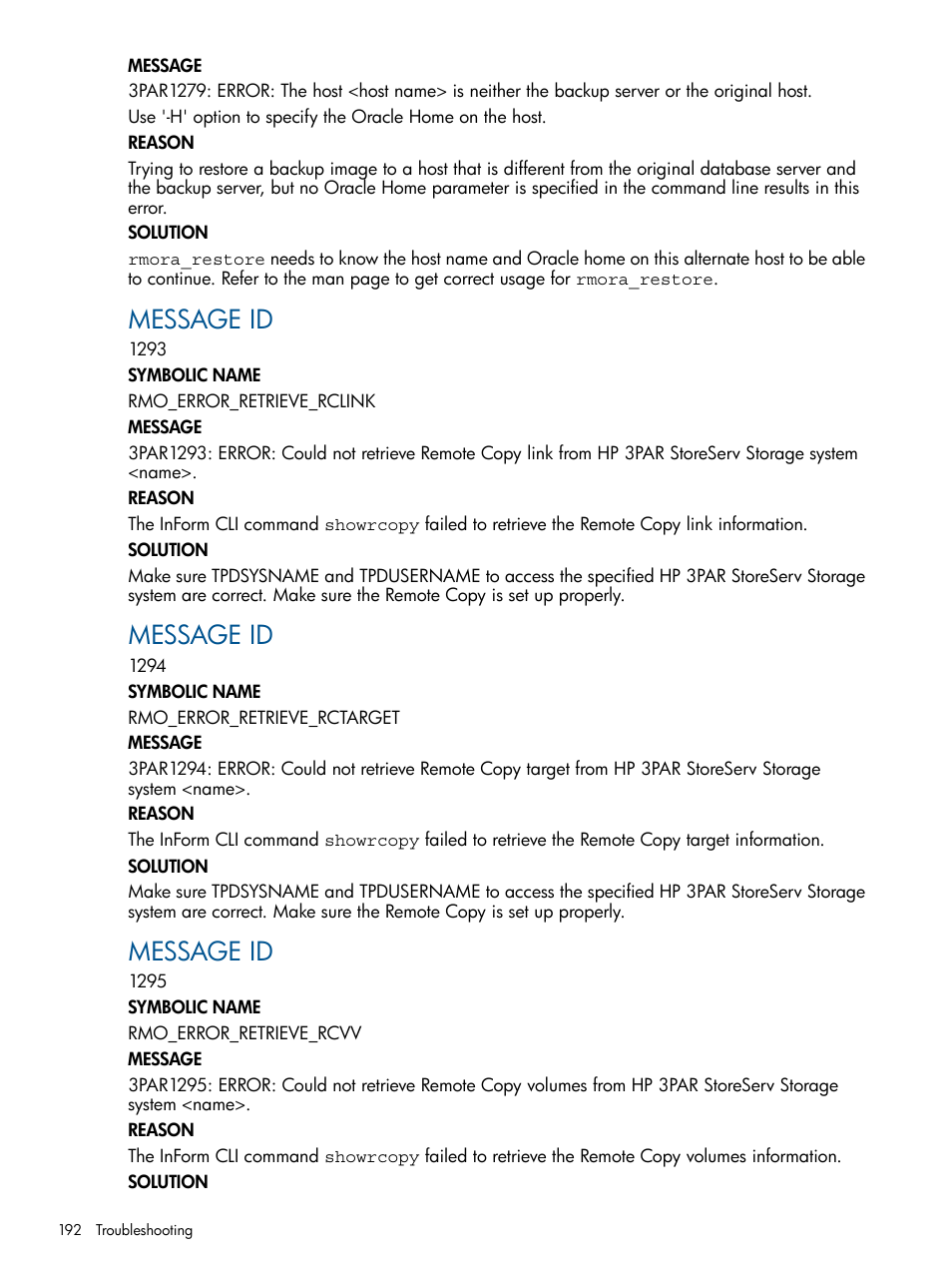 Message id | HP 3PAR Application Software Suite for Oracle Licenses User Manual | Page 192 / 199