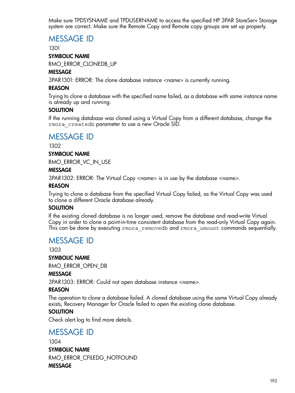 Message id | HP 3PAR Application Software Suite for Oracle Licenses User Manual | Page 193 / 199