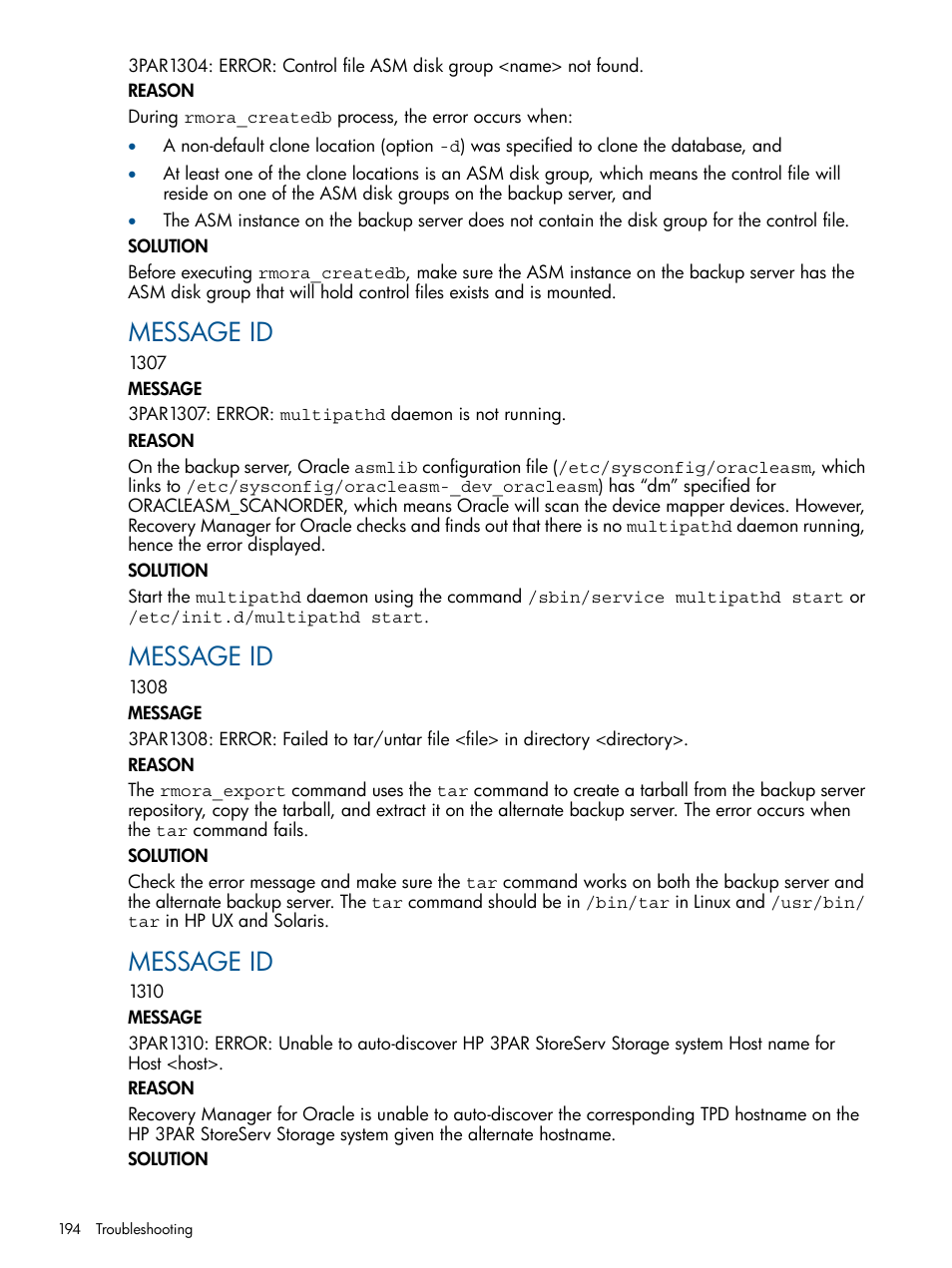 Message id | HP 3PAR Application Software Suite for Oracle Licenses User Manual | Page 194 / 199