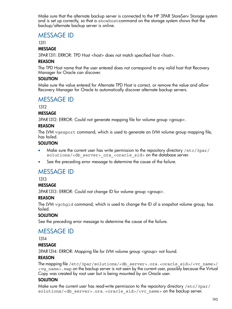 Message id | HP 3PAR Application Software Suite for Oracle Licenses User Manual | Page 195 / 199