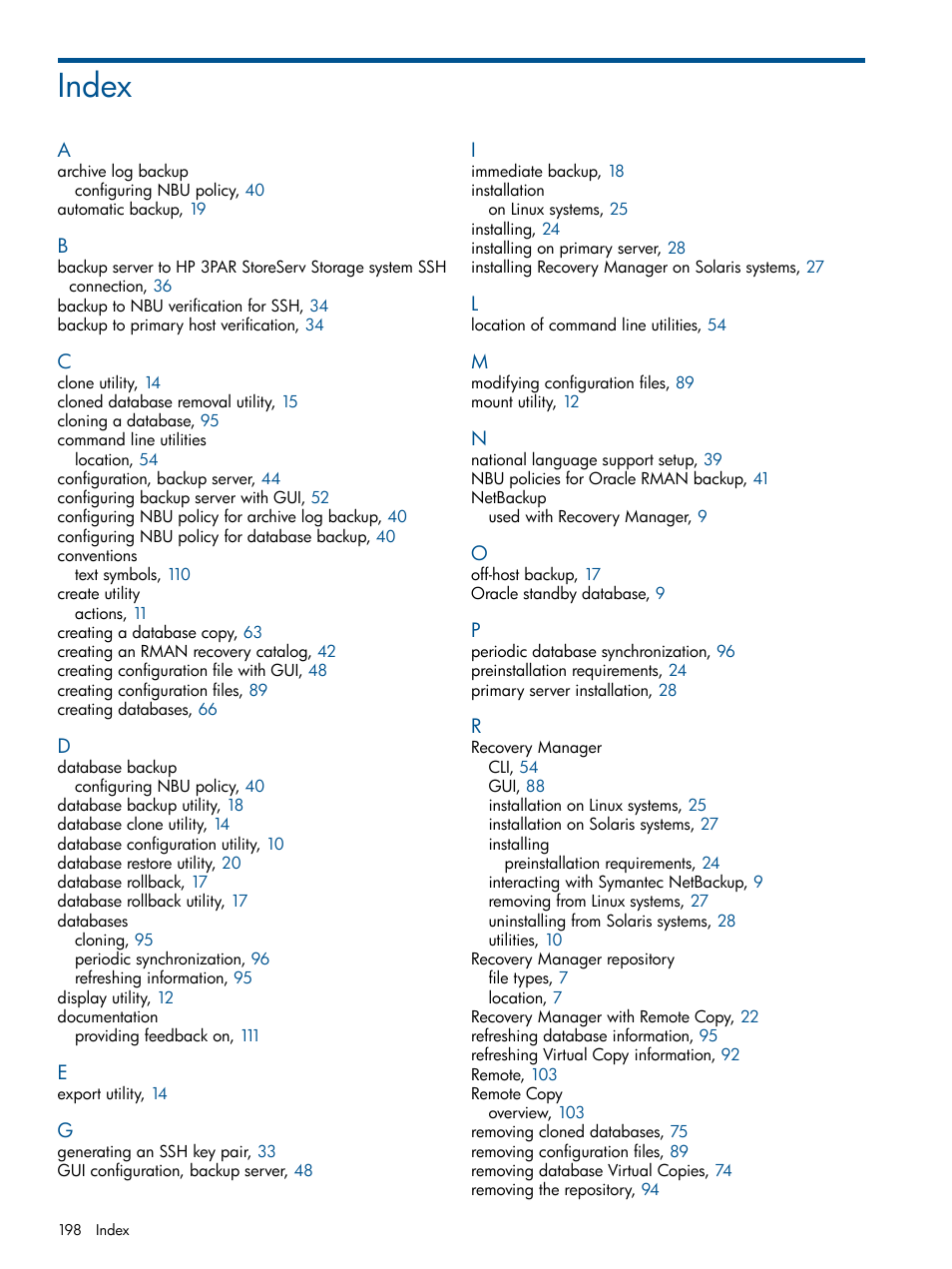 Index | HP 3PAR Application Software Suite for Oracle Licenses User Manual | Page 198 / 199