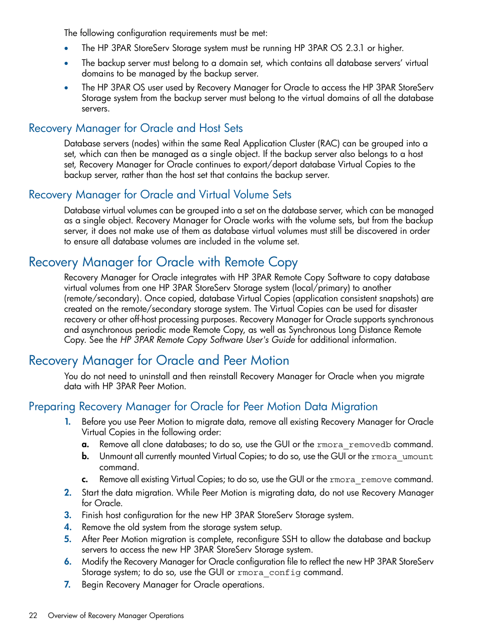 Recovery manager for oracle and host sets, Recovery manager for oracle with remote copy, Recovery manager for oracle and peer motion | HP 3PAR Application Software Suite for Oracle Licenses User Manual | Page 22 / 199