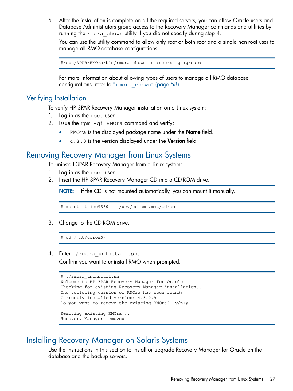 Verifying installation, Removing recovery manager from linux systems, Installing recovery manager on solaris systems | HP 3PAR Application Software Suite for Oracle Licenses User Manual | Page 27 / 199