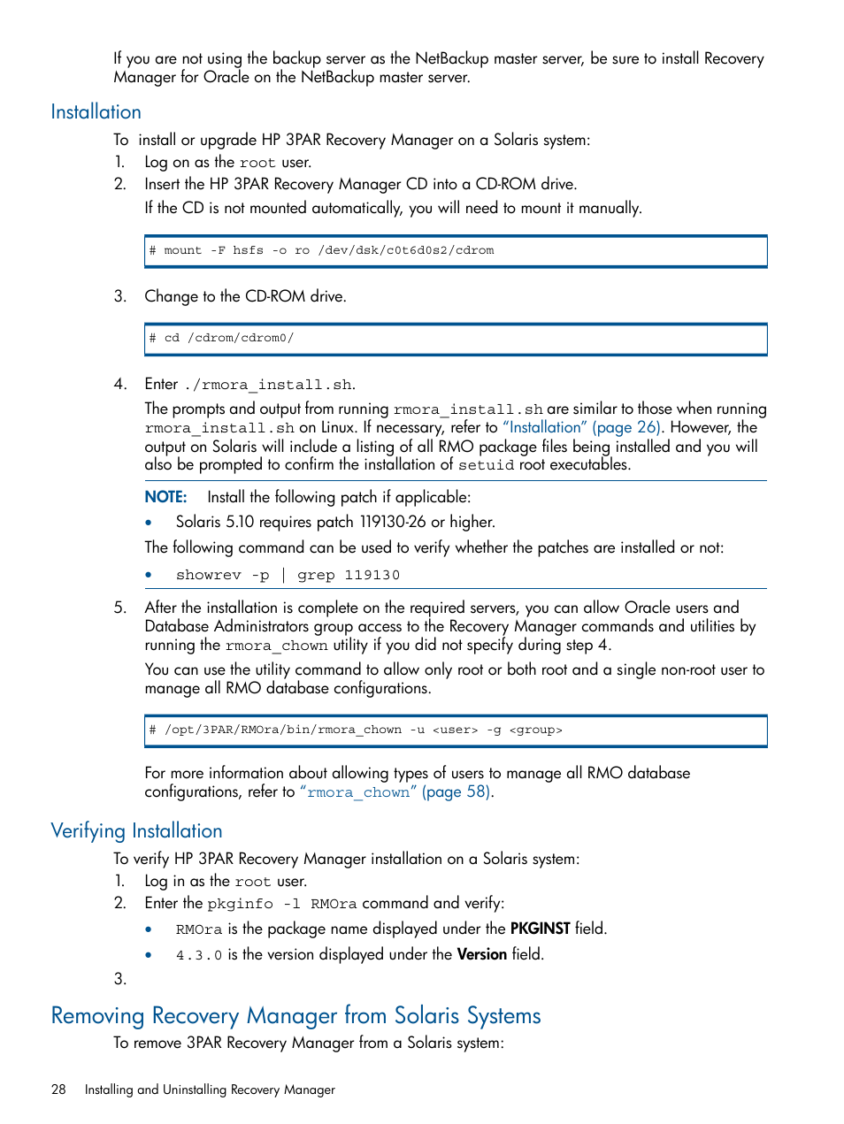 Installation, Verifying installation, Removing recovery manager from solaris systems | Installation verifying installation | HP 3PAR Application Software Suite for Oracle Licenses User Manual | Page 28 / 199