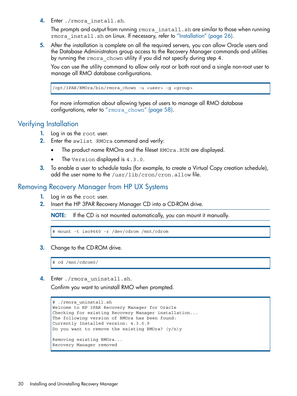 Verifying installation, Removing recovery manager from hp ux systems | HP 3PAR Application Software Suite for Oracle Licenses User Manual | Page 30 / 199