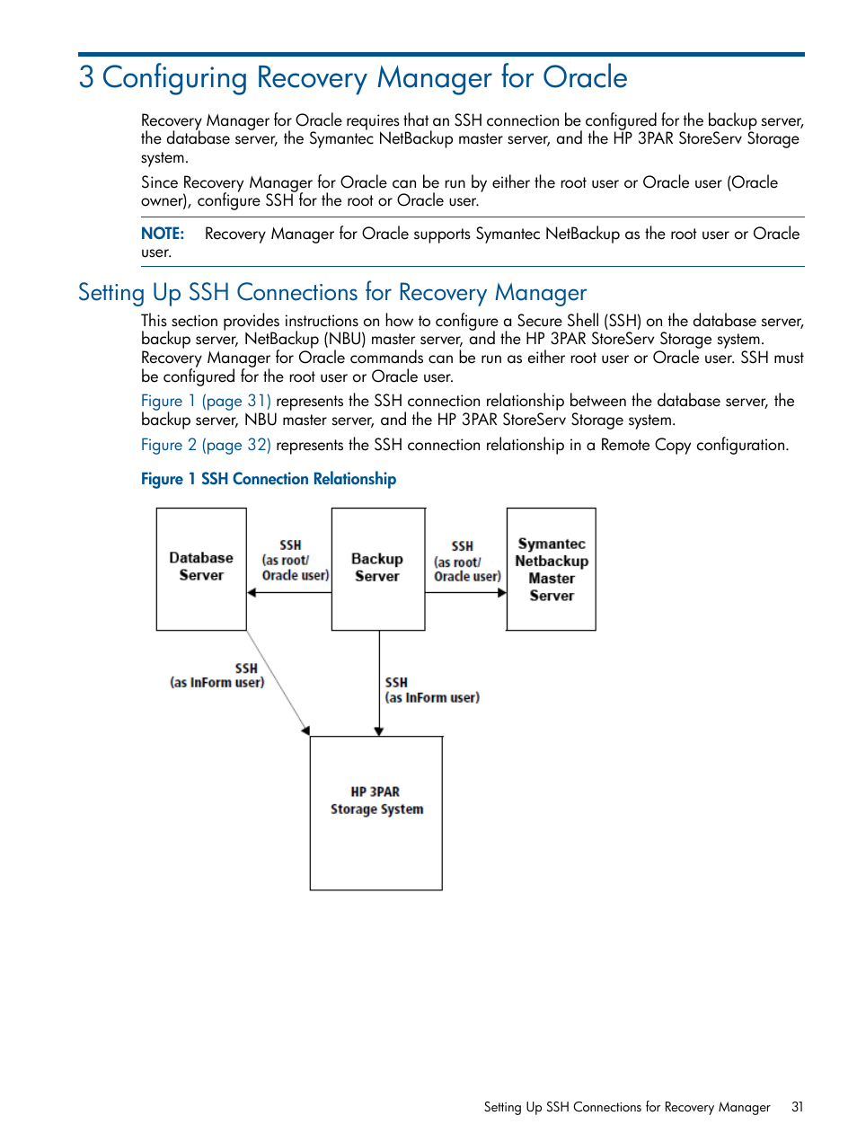 3 configuring recovery manager for oracle, Setting up ssh connections for recovery manager | HP 3PAR Application Software Suite for Oracle Licenses User Manual | Page 31 / 199