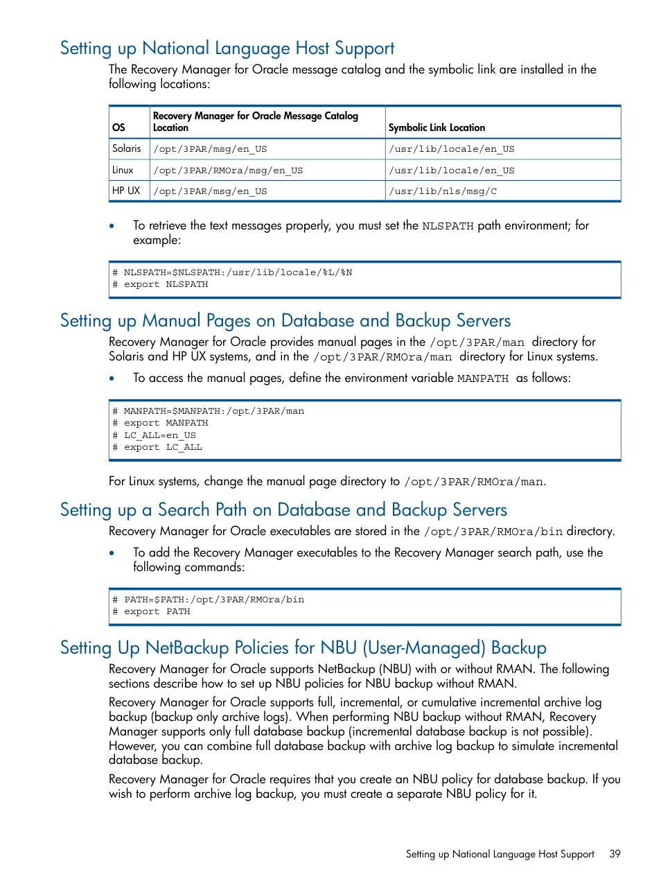 Setting up national language host support, Setting up | HP 3PAR Application Software Suite for Oracle Licenses User Manual | Page 39 / 199