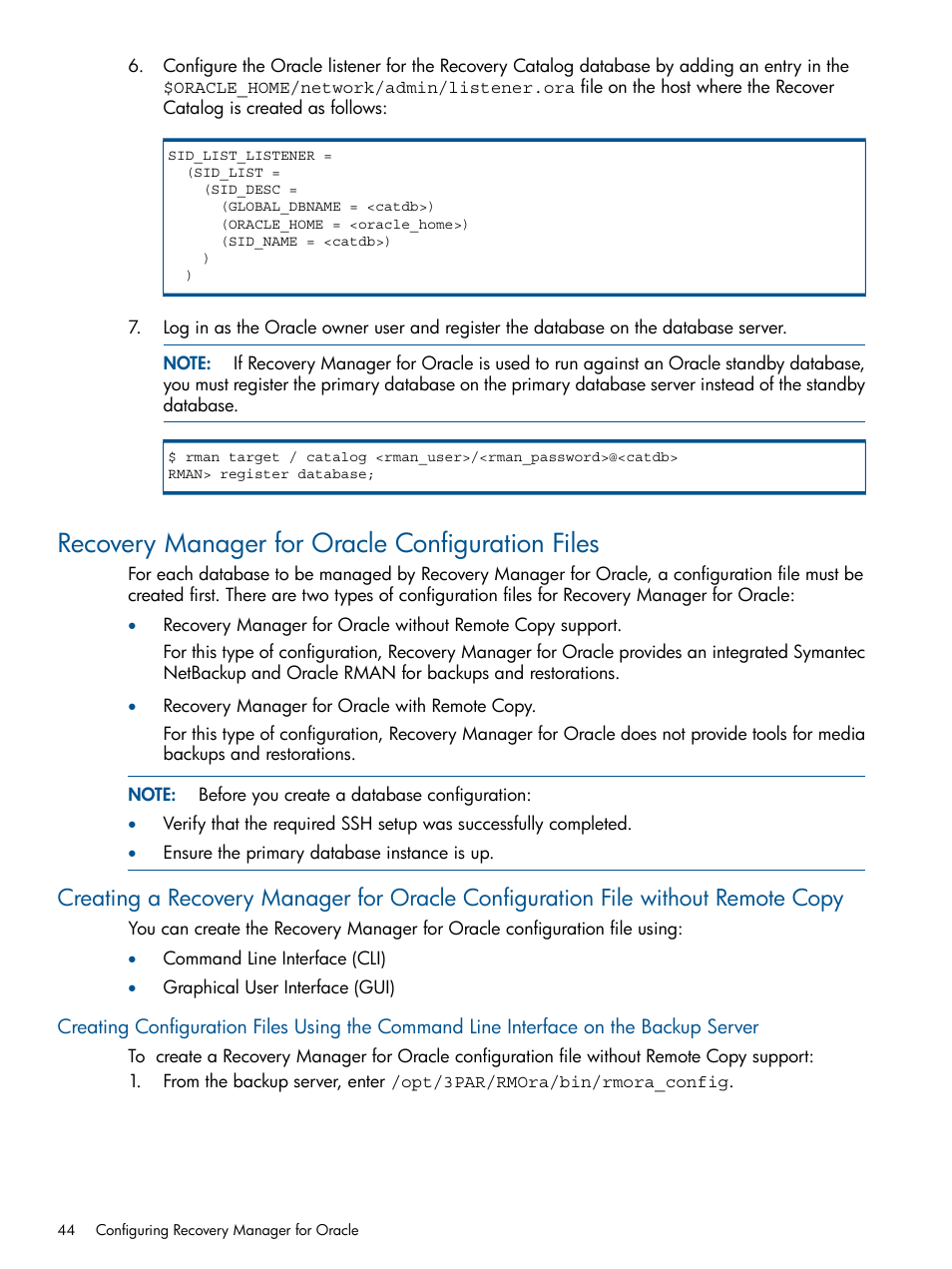 Recovery manager for oracle configuration files | HP 3PAR Application Software Suite for Oracle Licenses User Manual | Page 44 / 199