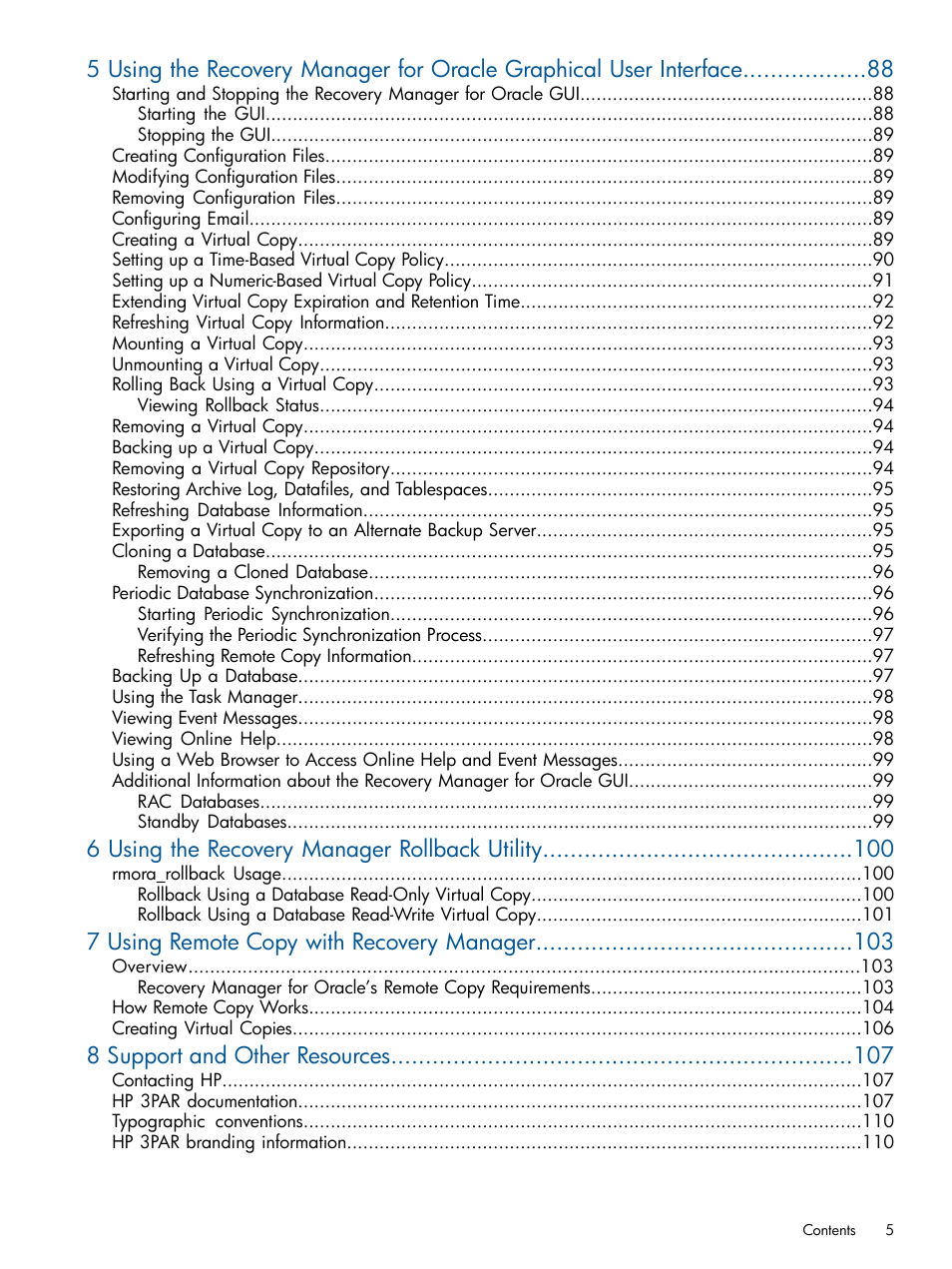 6 using the recovery manager rollback utility, 7 using remote copy with recovery manager, 8 support and other resources | HP 3PAR Application Software Suite for Oracle Licenses User Manual | Page 5 / 199