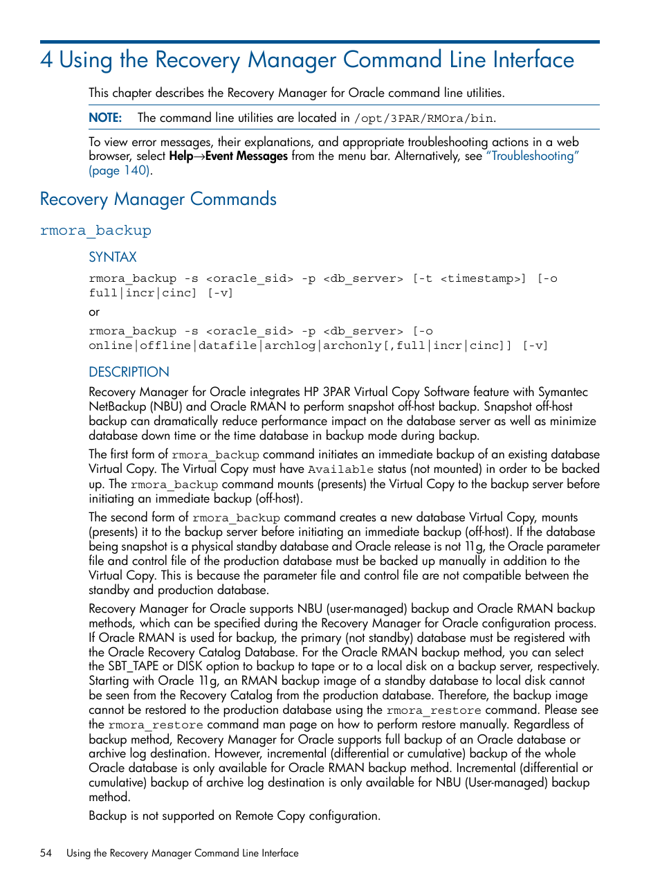 Recovery manager commands, Rmora_backup | HP 3PAR Application Software Suite for Oracle Licenses User Manual | Page 54 / 199