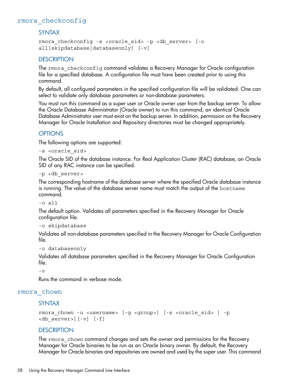 Rmora_checkconfig, Rmora_chown, Rmora_checkconfig rmora_chown | HP 3PAR Application Software Suite for Oracle Licenses User Manual | Page 58 / 199