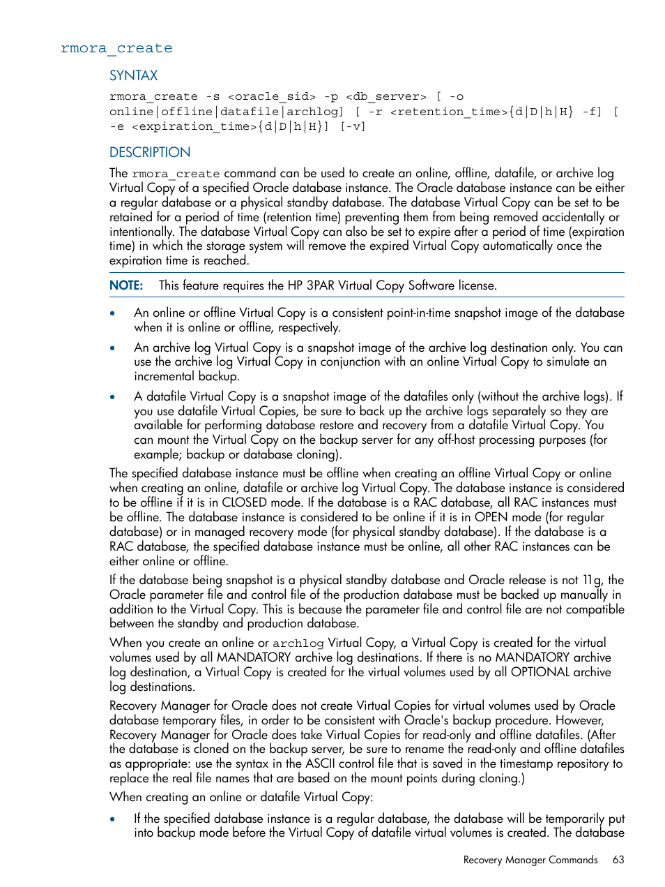 Rmora_create | HP 3PAR Application Software Suite for Oracle Licenses User Manual | Page 63 / 199