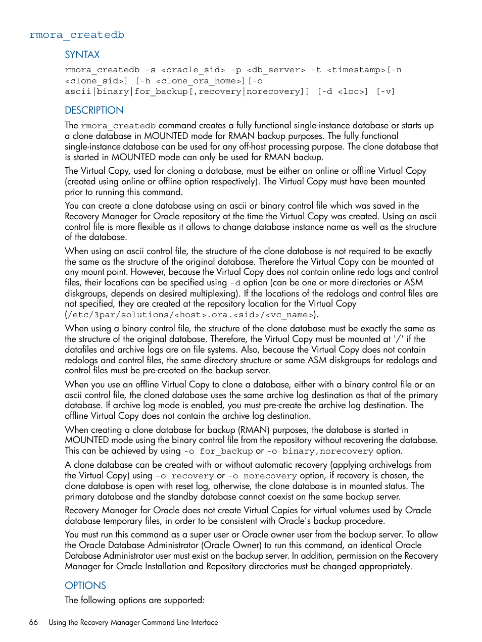 Rmora_createdb | HP 3PAR Application Software Suite for Oracle Licenses User Manual | Page 66 / 199