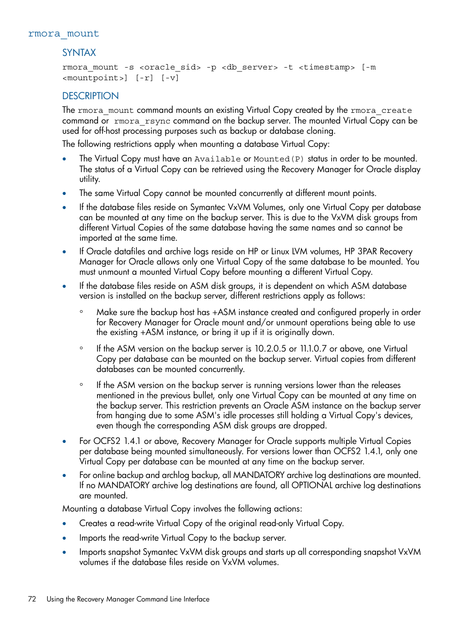 Rmora_mount | HP 3PAR Application Software Suite for Oracle Licenses User Manual | Page 72 / 199