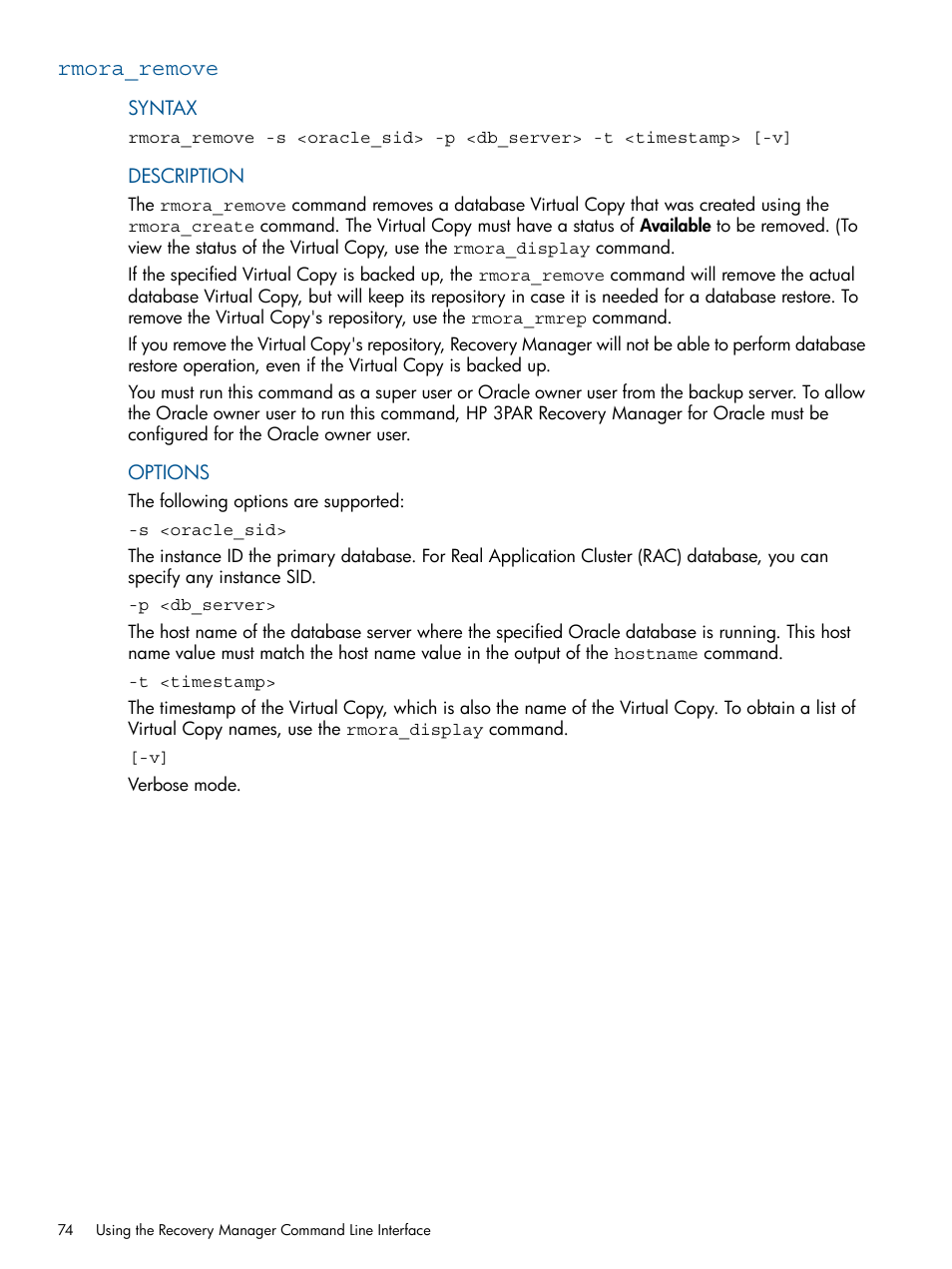 Rmora_remove | HP 3PAR Application Software Suite for Oracle Licenses User Manual | Page 74 / 199