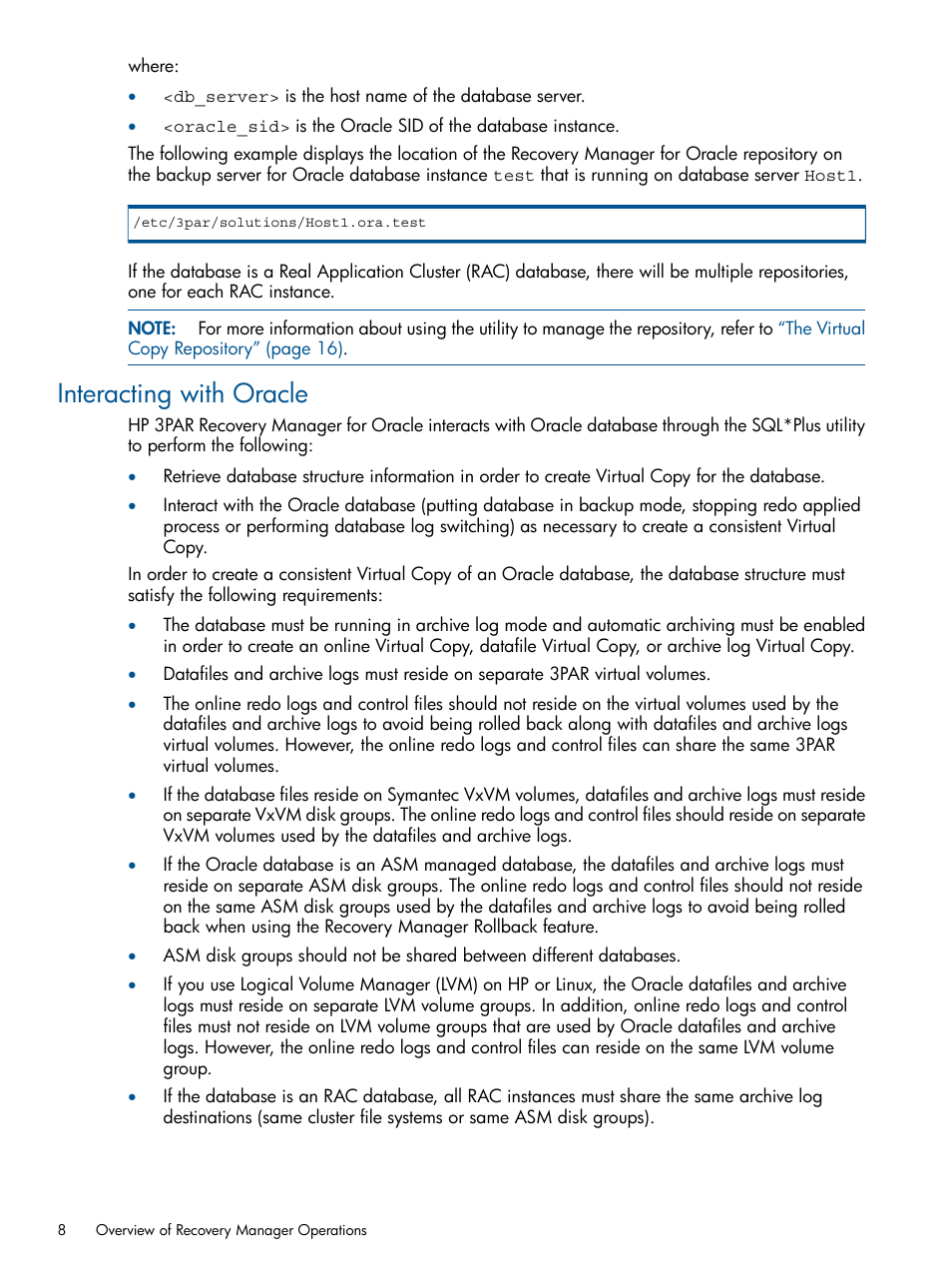 Interacting with oracle | HP 3PAR Application Software Suite for Oracle Licenses User Manual | Page 8 / 199