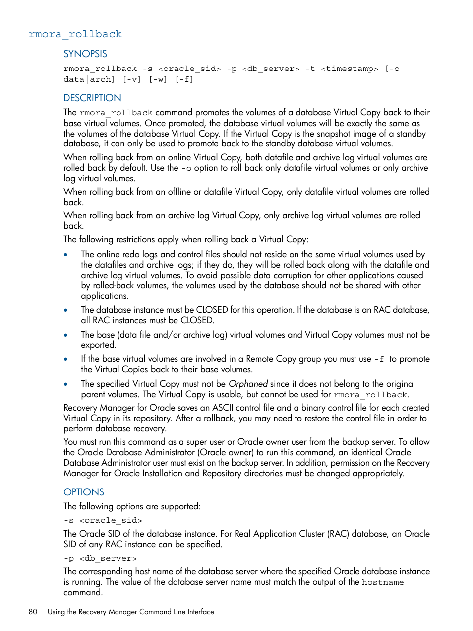 Rmora_rollback | HP 3PAR Application Software Suite for Oracle Licenses User Manual | Page 80 / 199