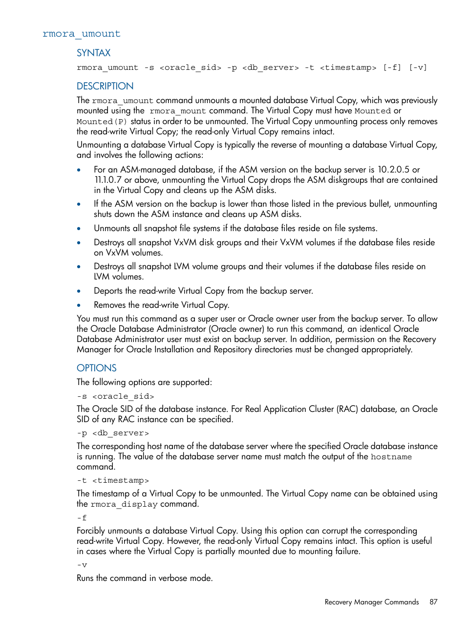 Rmora_umount | HP 3PAR Application Software Suite for Oracle Licenses User Manual | Page 87 / 199