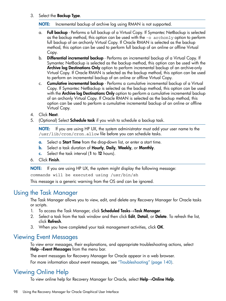 Using the task manager, Viewing event messages, Viewing online help | HP 3PAR Application Software Suite for Oracle Licenses User Manual | Page 98 / 199