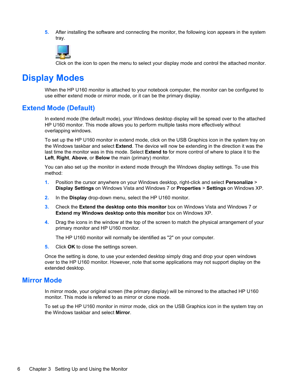 Display modes, Extend mode (default), Mirror mode | Extend mode (default) mirror mode | HP U160 15.6-inch LED Backlit Monitor User Manual | Page 12 / 23