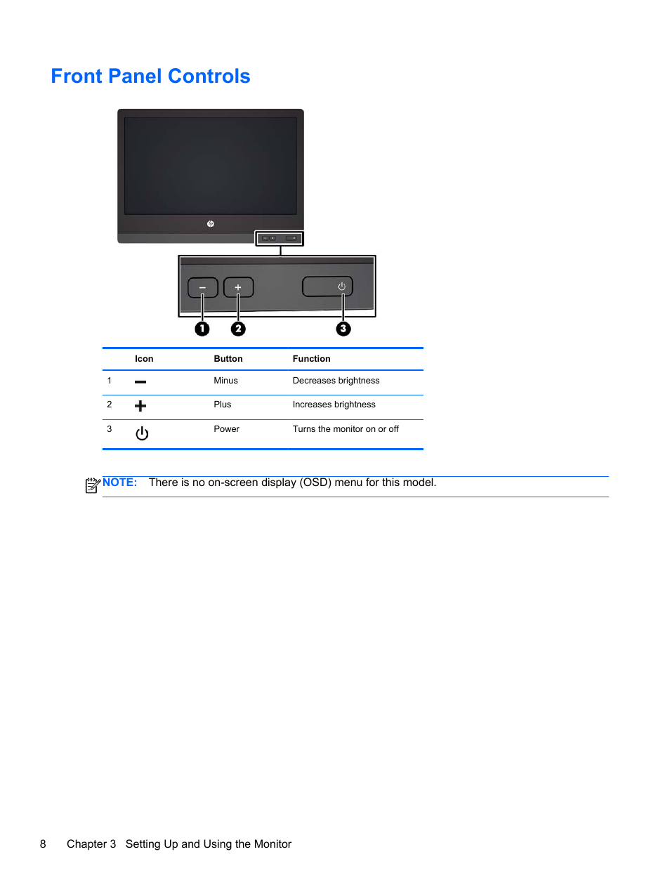 Front panel controls | HP U160 15.6-inch LED Backlit Monitor User Manual | Page 14 / 23