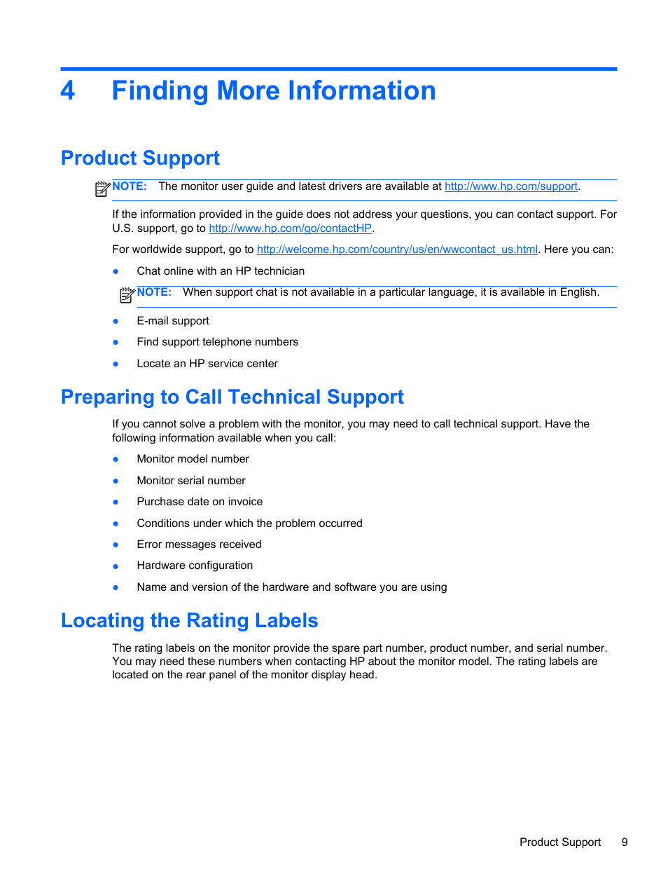 Finding more information, Product support, Preparing to call technical support | Locating the rating labels, 4 finding more information, 4finding more information | HP U160 15.6-inch LED Backlit Monitor User Manual | Page 15 / 23