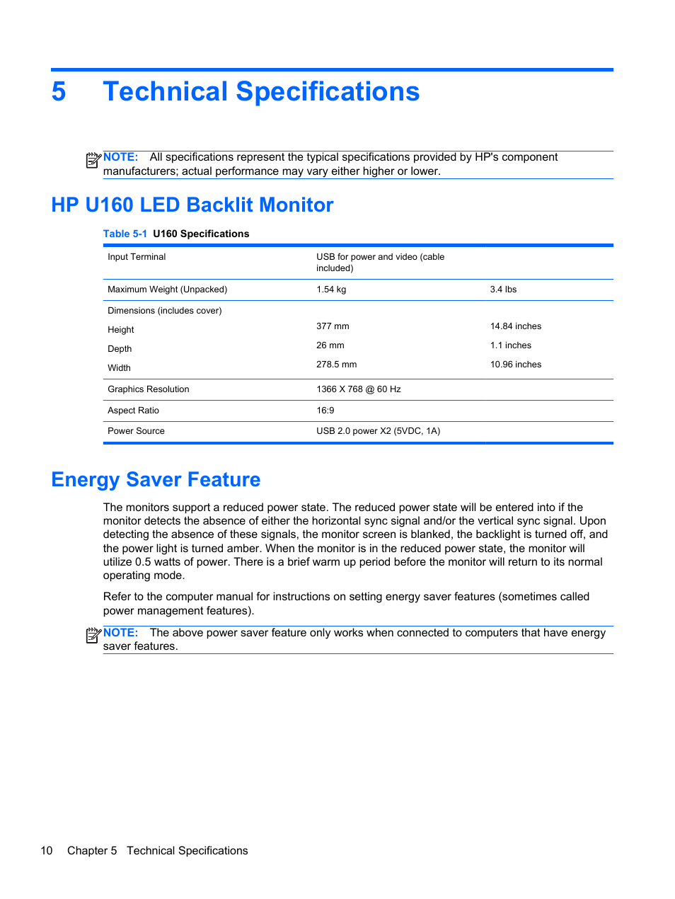 Technical specifications, Hp u160 led backlit monitor, Energy saver feature | 5 technical specifications, Hp u160 led backlit monitor energy saver feature, 5technical specifications | HP U160 15.6-inch LED Backlit Monitor User Manual | Page 16 / 23