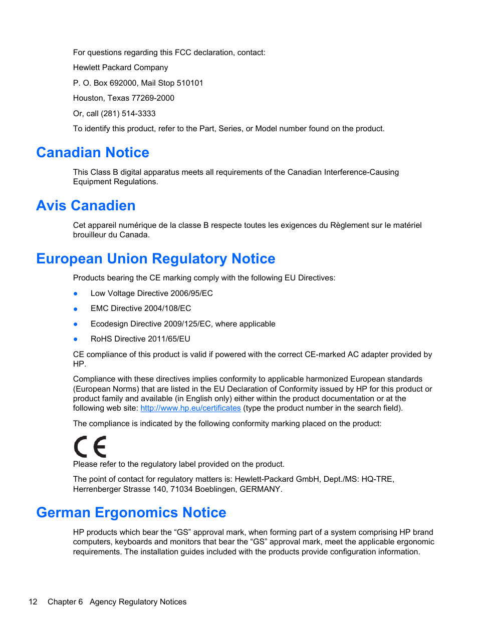 Canadian notice, Avis canadien, European union regulatory notice | German ergonomics notice | HP U160 15.6-inch LED Backlit Monitor User Manual | Page 18 / 23