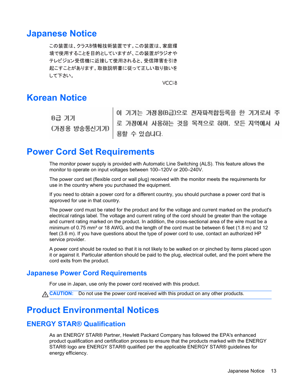Japanese notice, Korean notice, Power cord set requirements | Japanese power cord requirements, Product environmental notices, Energy star® qualification | HP U160 15.6-inch LED Backlit Monitor User Manual | Page 19 / 23