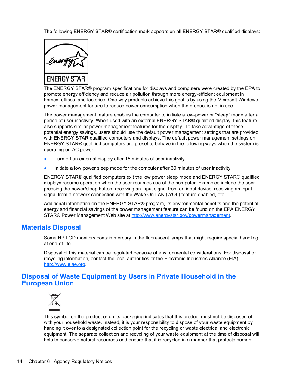 Materials disposal | HP U160 15.6-inch LED Backlit Monitor User Manual | Page 20 / 23