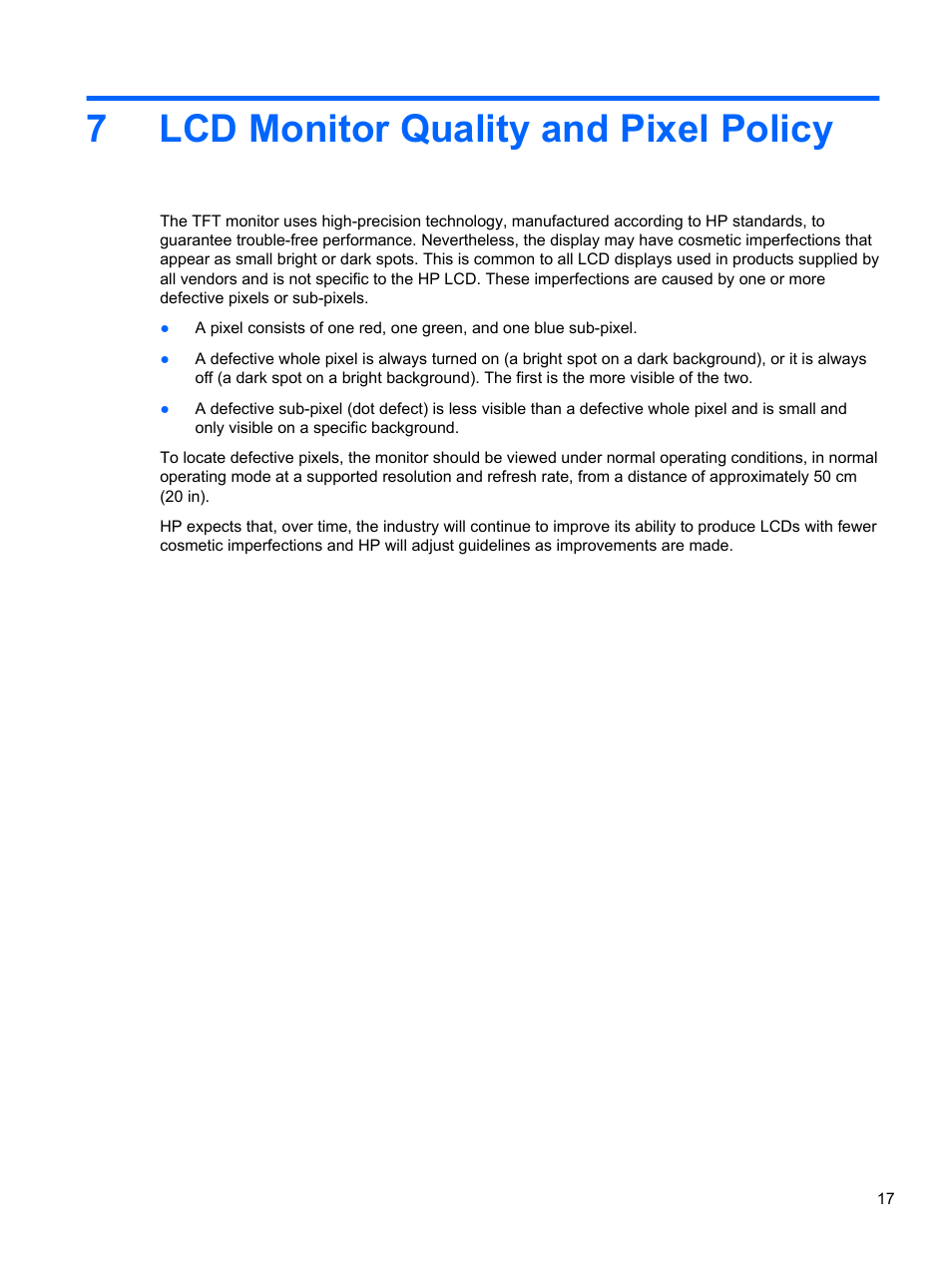 Lcd monitor quality and pixel policy, 7 lcd monitor quality and pixel policy, 7lcd monitor quality and pixel policy | HP U160 15.6-inch LED Backlit Monitor User Manual | Page 23 / 23