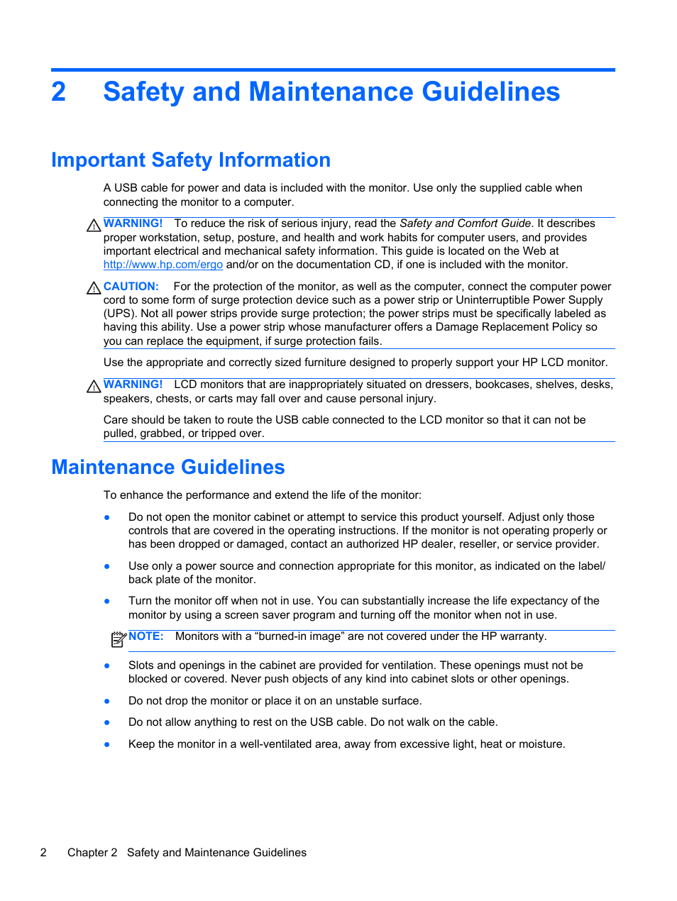 Safety and maintenance guidelines, Important safety information, Maintenance guidelines | 2 safety and maintenance guidelines, 2safety and maintenance guidelines | HP U160 15.6-inch LED Backlit Monitor User Manual | Page 8 / 23