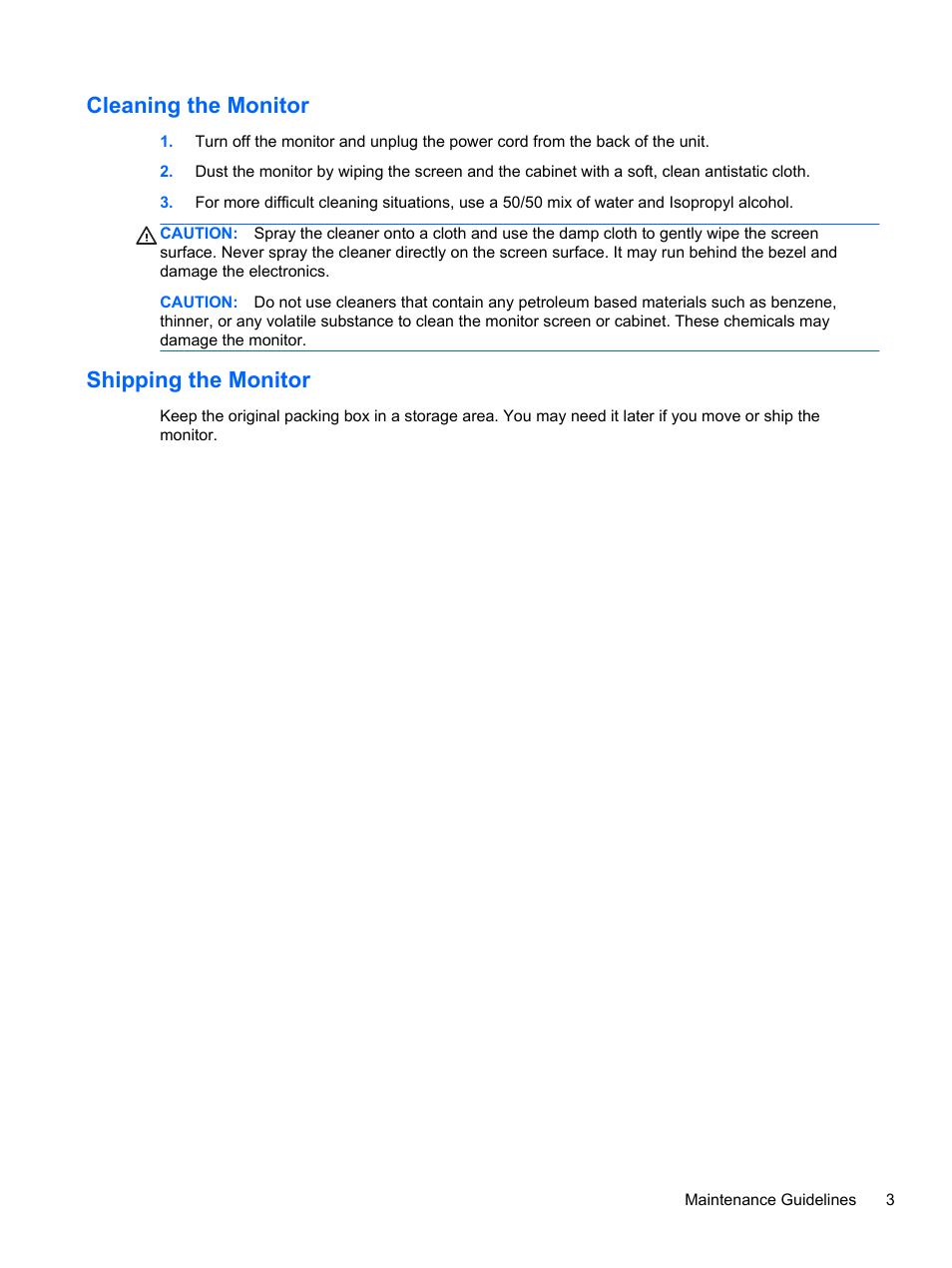 Cleaning the monitor, Shipping the monitor, Cleaning the monitor shipping the monitor | HP U160 15.6-inch LED Backlit Monitor User Manual | Page 9 / 23
