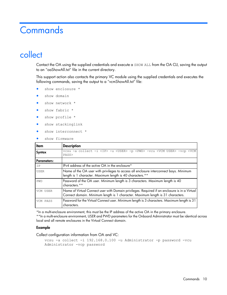 Commands, Collect | HP Virtual Connect 8Gb 24-port Fibre Channel Module for c-Class BladeSystem User Manual | Page 10 / 29