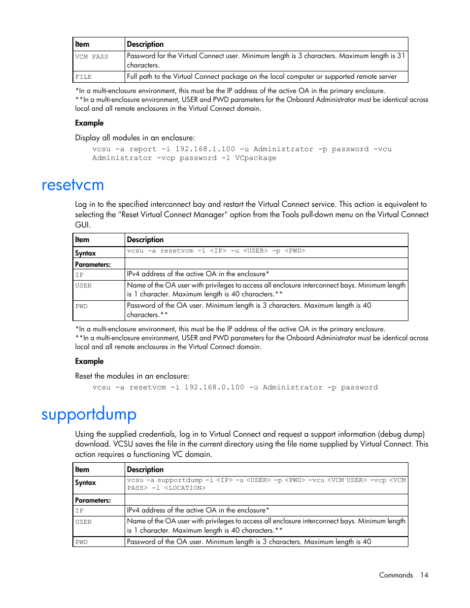 Resetvcm, Supportdump | HP Virtual Connect 8Gb 24-port Fibre Channel Module for c-Class BladeSystem User Manual | Page 14 / 29