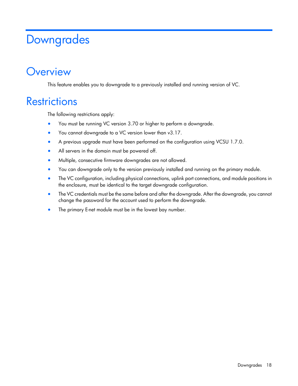 Downgrades, Overview, Restrictions | HP Virtual Connect 8Gb 24-port Fibre Channel Module for c-Class BladeSystem User Manual | Page 18 / 29