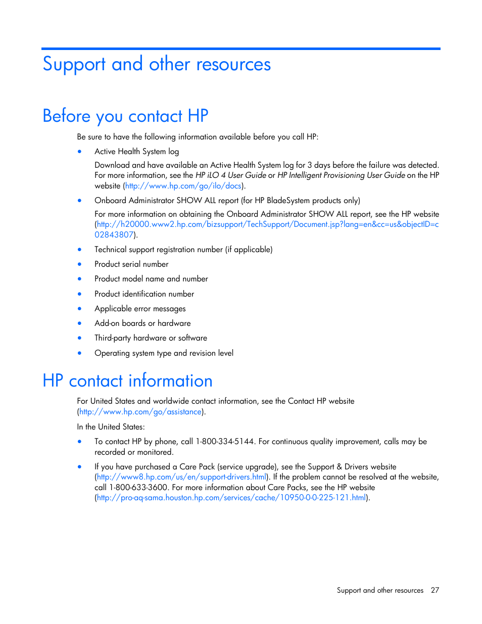 Support and other resources, Before you contact hp, Hp contact information | HP Virtual Connect 8Gb 24-port Fibre Channel Module for c-Class BladeSystem User Manual | Page 27 / 29