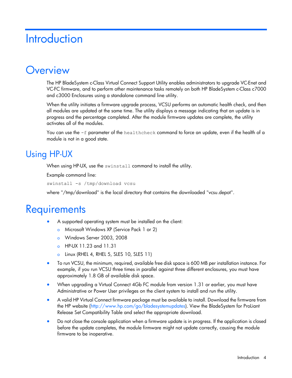 Introduction, Overview, Using hp-ux | Requirements | HP Virtual Connect 8Gb 24-port Fibre Channel Module for c-Class BladeSystem User Manual | Page 4 / 29