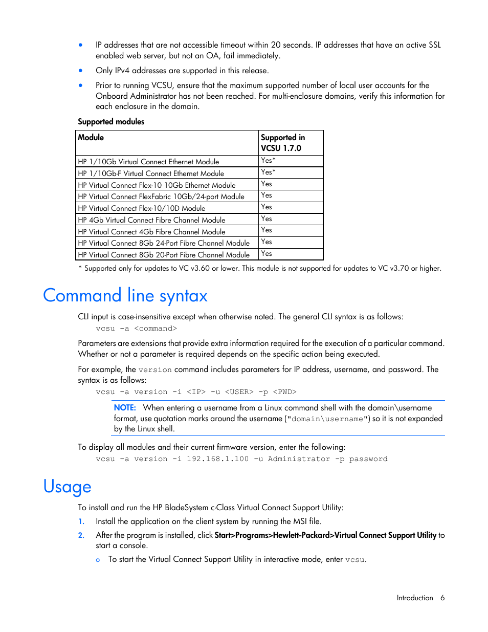 Command line syntax, Usage | HP Virtual Connect 8Gb 24-port Fibre Channel Module for c-Class BladeSystem User Manual | Page 6 / 29