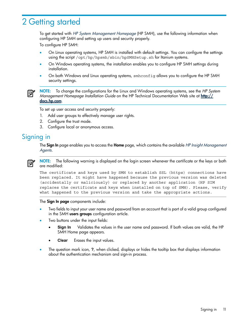 2 getting started, Signing in | HP Systems Insight Manager User Manual | Page 11 / 100