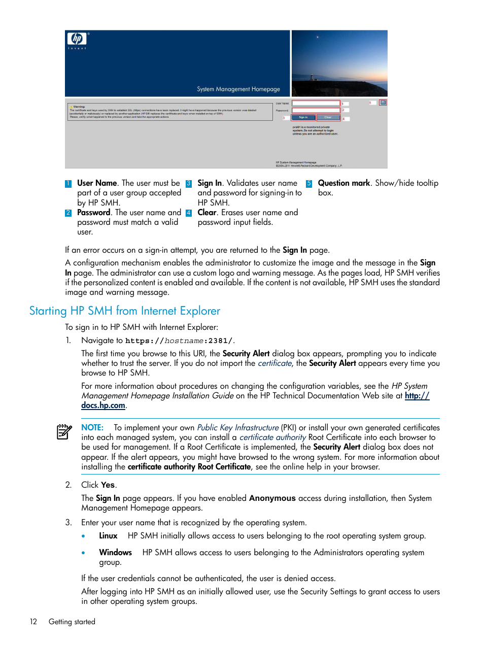 Starting hp smh from internet explorer | HP Systems Insight Manager User Manual | Page 12 / 100