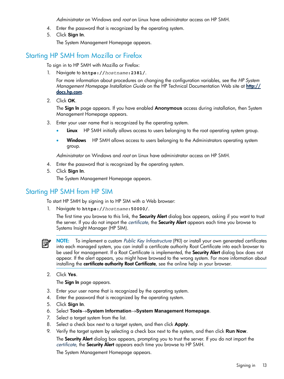 Starting hp smh from mozilla or firefox, Starting hp smh from hp sim | HP Systems Insight Manager User Manual | Page 13 / 100