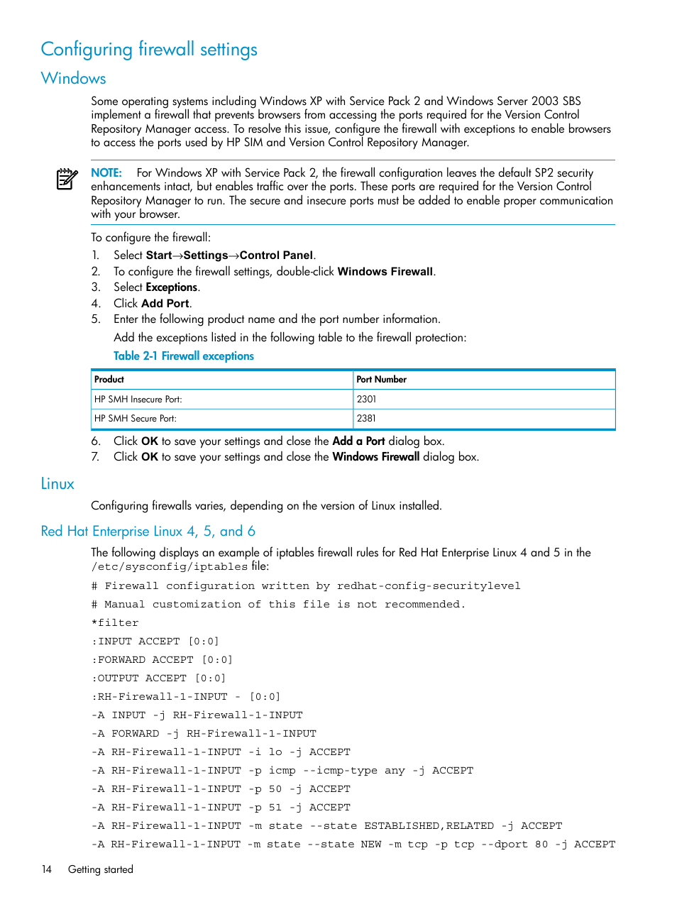 Configuring firewall settings, Windows, Linux | Red hat enterprise linux 4, 5, and 6, Windows linux, Firewall exceptions | HP Systems Insight Manager User Manual | Page 14 / 100