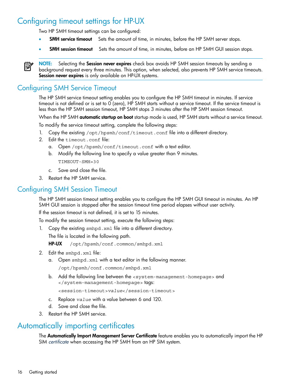 Configuring timeout settings for hp-ux, Configuring smh service timeout, Configuring smh session timeout | Automatically importing certificates | HP Systems Insight Manager User Manual | Page 16 / 100